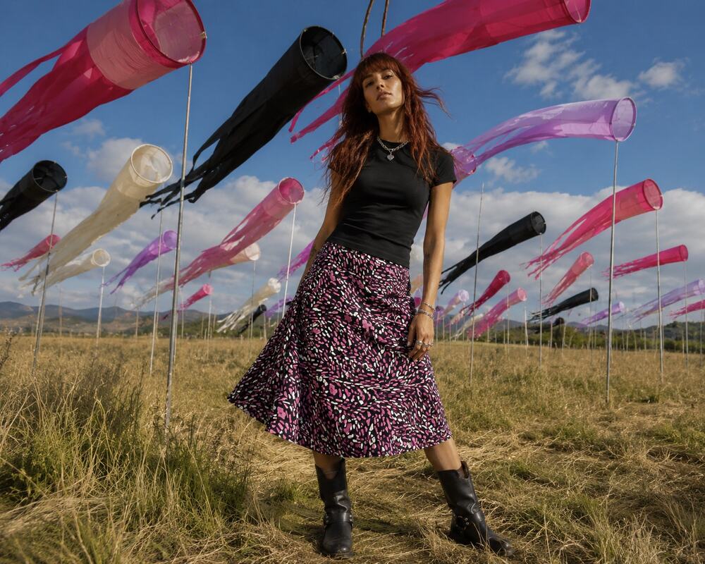 Notations Woman Pink Black Abstract Print A-Line Skirt Large